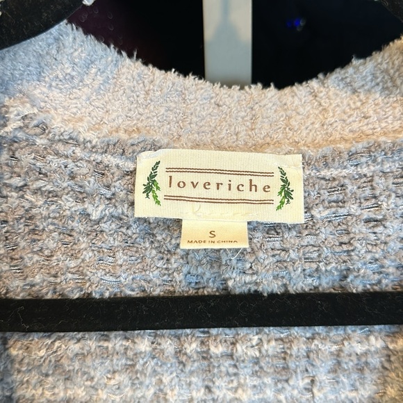 Love Riche gray/blue print long sleeve open front cardigan size S - Picture 2 of 3